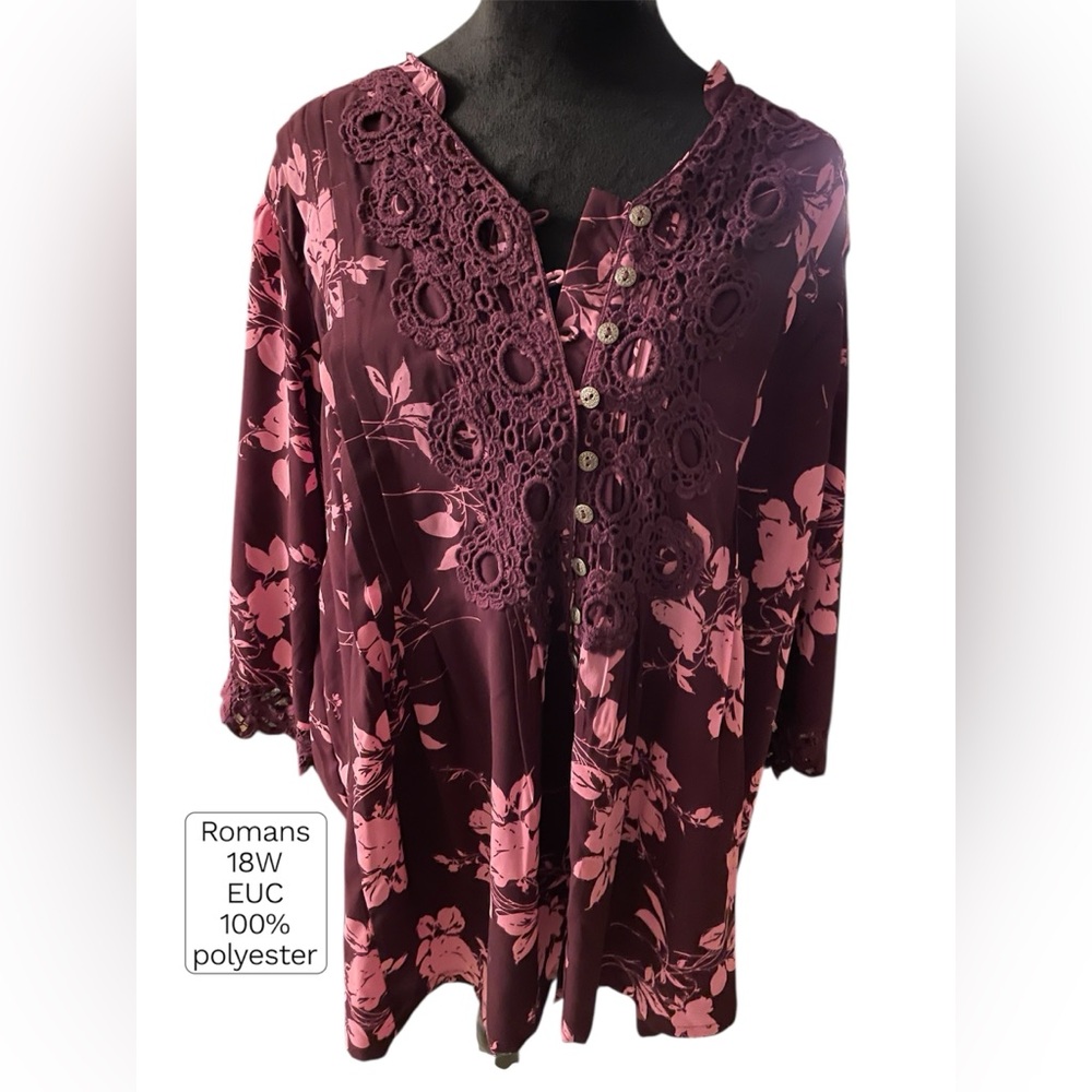 Romans Boho Blouse With Buttons And Lace Overlay On Collar & Sleeve Sz 18W